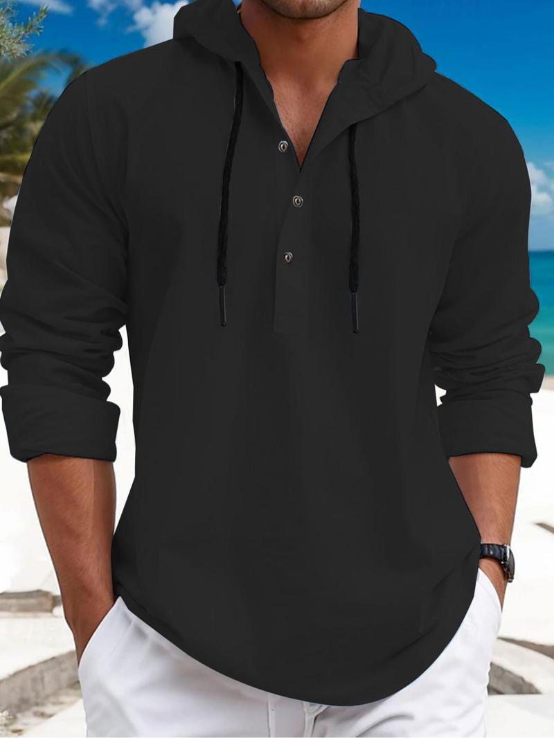 Product Introduction of Men's Solid Color Drawstring Button Front Hoodie, Regular Fit Casual Long Sleeve Drop Shoulder Hooded Sweatshirt for Spring & Fall, Fashion Men's Clothes for Daily Wear 3