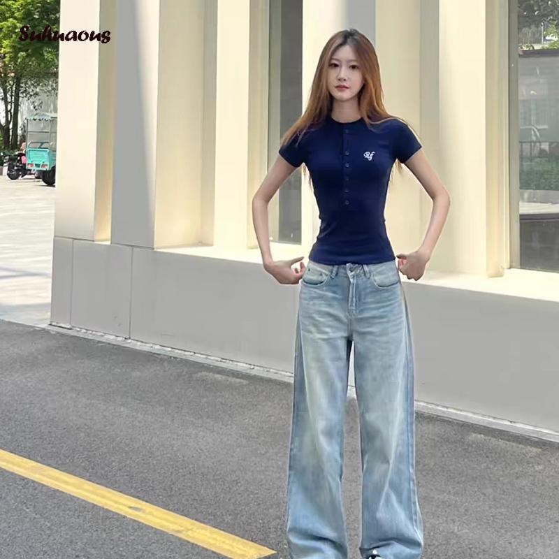 Áo Phông nữ, ngắn Tay, Cổ Henley, Chữ Thêu, Áo Mùa Hè, Thời Trang Đường Phố, SS24 6
