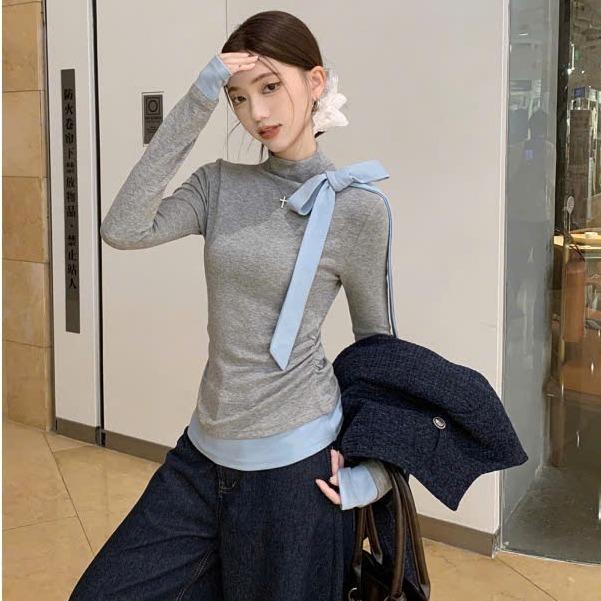 Áo cổ cao 5p phối nơ xanh chất cotton dày 3 màu peonyb - Thun dài tay nữ dáng ôm body mặc thu đông kiểu dáng tiểu thư bánh bèo hotgirl hàn quốc đẹp