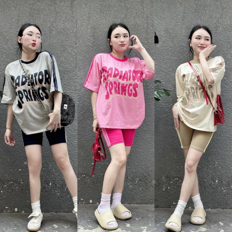  Set Đồ Bộ Nữ Áo In Chữ SPRING Quần Lửng Tăm Lạnh Phối Sọc  Women Nhung Top Thun  40-80  KG 