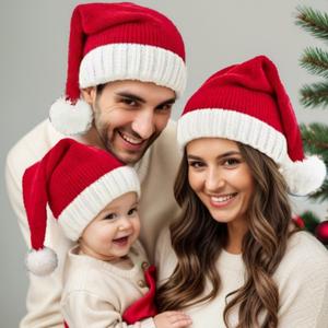 หมวกคริสต์มาส สีแดง สไตล์ยุโรปและอเมริกา หมวกถักนิตติ้งคลาสสิก สำหรับฤดูใบไม้ร่วงและฤดูหนาว เหมาะสำหรับตกแต่งวันหยุด หมวกซานต้า