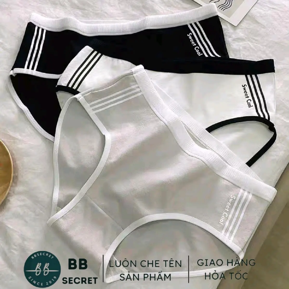 Quần lót nữ cotton viền kẻ thông hơi 245.63 - BB Secret Đen bông chỉ giặt tay quan lot đồ