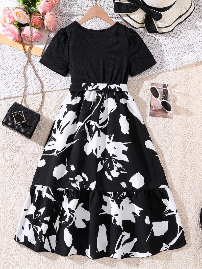 Product Introduction of Girl's Floral Print Belted A Line Dress, Elegant Fashion Casual Short Sleeve Dress for Daily Outdoor Wear, Girls Dress for Summer 5