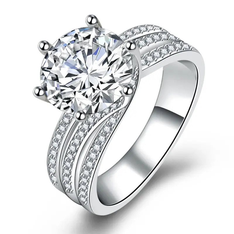 Full Diamond Large Loose Stone Ring Zircon Engagement Ring Rotating Twist Full Diamond Classic Six-Prong Ring cincin perak，ring silver，silver diamond，cincin perak lelaki