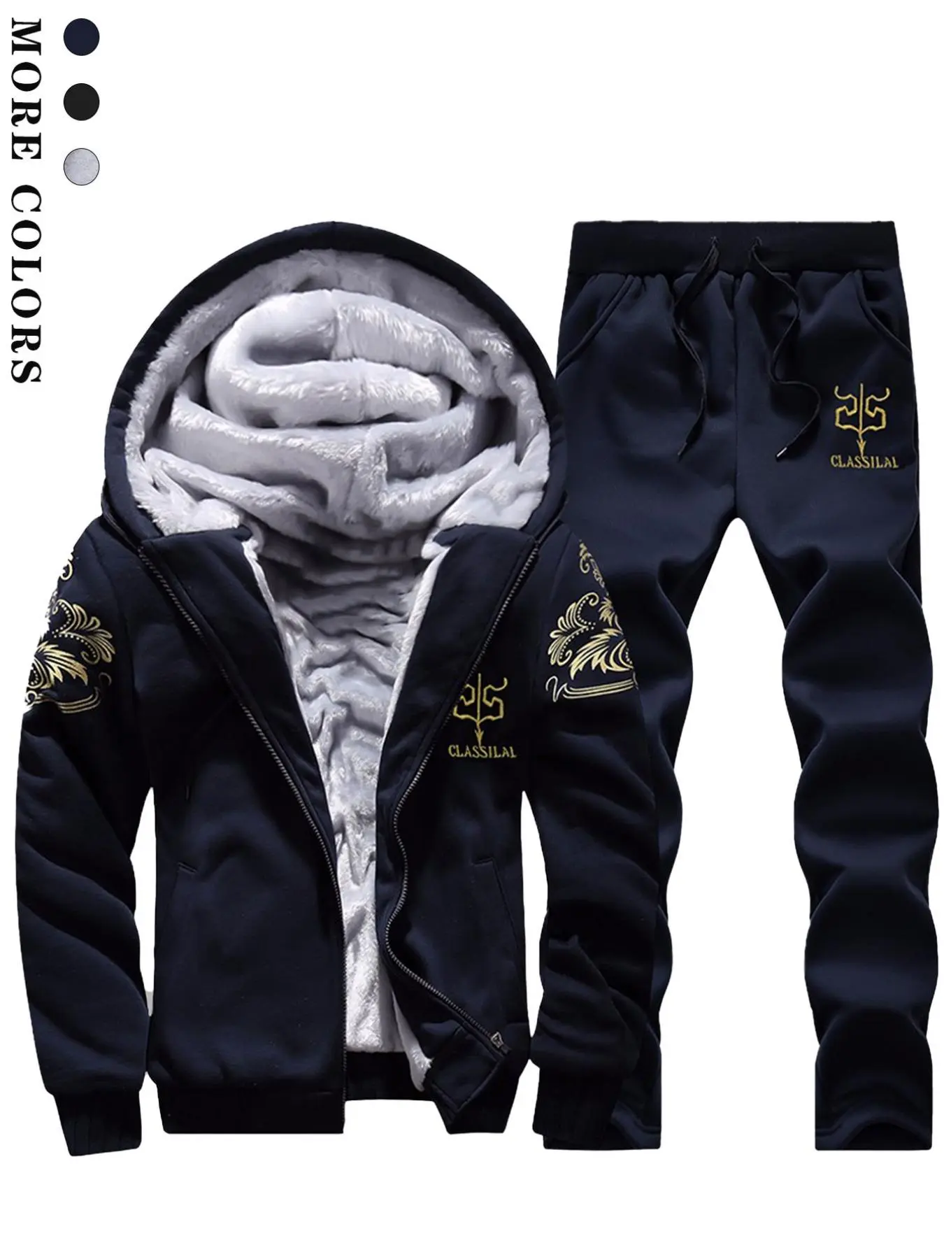 Men's Letters Print Zip Up Hooded Jacket & Pants Thermal Lined Set, Casual Regular Fit Long Sleeve Zip Front Outerwear & Trousers, Men's Two-piece Outfits for Fall & Winter