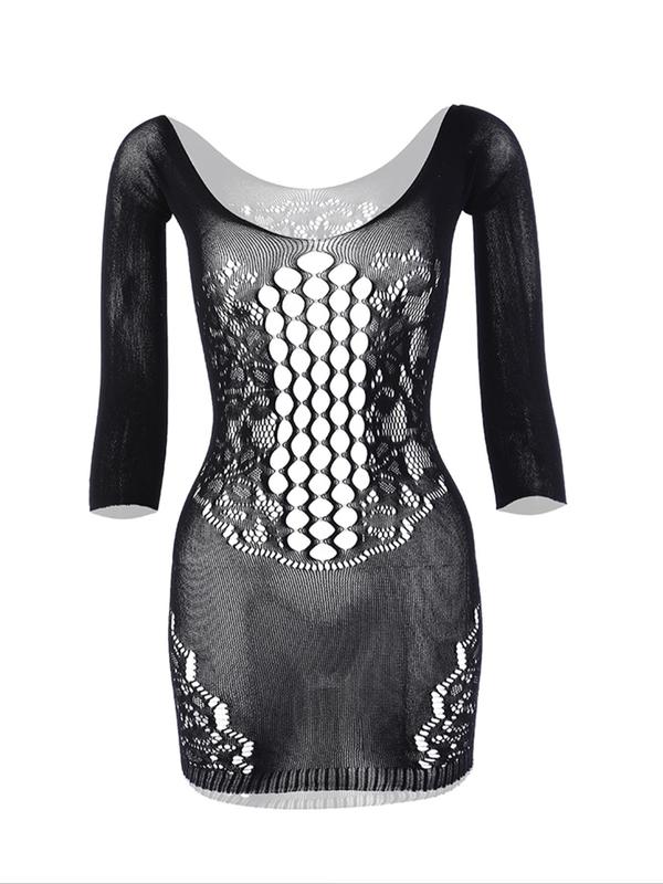 Women's Sexy Contrast Lace Cut Out Bodycon Cover Up Dress, Long Sleeve Fishnet Cover Up for Summer, Fashion Women's Swimwear for Beach Holiday Vacation, Clothing, Gym Wear 3