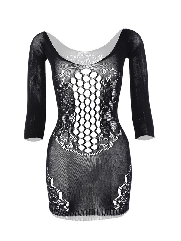 Women's Sexy Contrast Lace Cut Out Bodycon Cover Up Dress, Long Sleeve Fishnet Cover Up for Summer, Fashion Women's Swimwear for Beach Holiday Vacation, Clothing, Gym Wear 3
