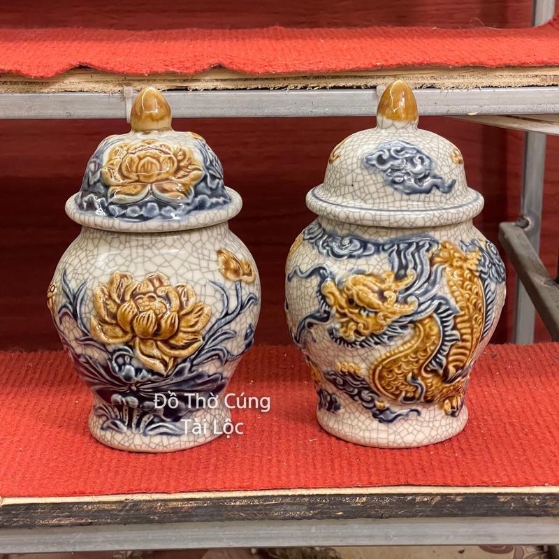 Choé thờ men rạn đắp nổi bát tràng, hũ đựng gạo muối nước men rạn thờ cúng