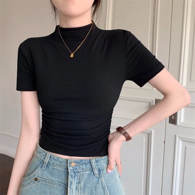 Áo thun Nữ croptop rút eo nữ, áo thun tăm mềm mịn Women Dáng Ngắn Cổ Tròn