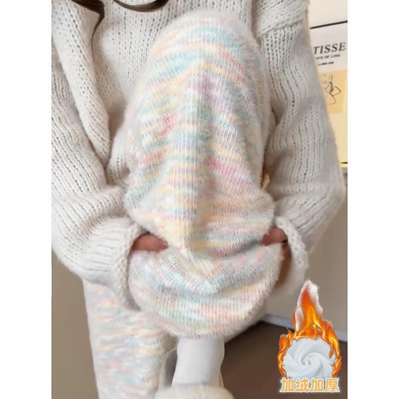 Product Introduction of Rainbow Color Glutinous Rice Pants Women's Autumn and Winter 2023 New High Waist Drooping Soft Glutinous Wide-Leg Pants Casual Knitted Fleece Padded Pants 1