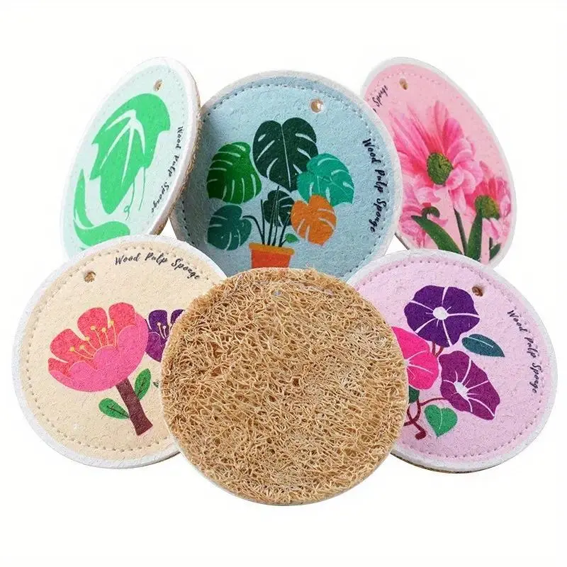 3 PIECES COMPRESSED WOOD PULP SPONGE SET WITH NATURAL MATERIALS - CARTOON DESIGN KITCHEN CLEANING DISHWASHING CLOTH BRUSH - High quality expandable round sponges for pots and pans