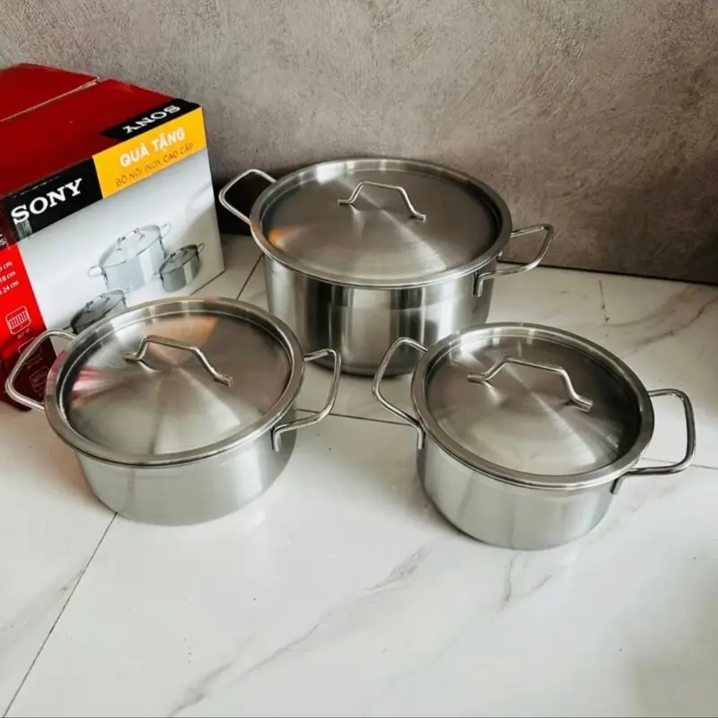Bộ 3 nồi inox 430 dùng được cho mọi loại bếp, 1 Đáy dày dặn, bắt nhiệt tốt. Hàng cao cấp không cháy xén khi xào nấu đồng vn 3