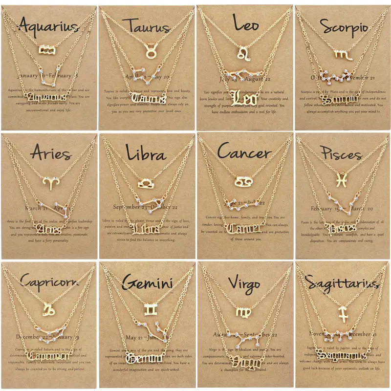 Three-Piece Set 12 Constellation Retro Alphabet Symbol Rhinestone-Encrusted Necklace Clavicle Chain Fashion Ornament
