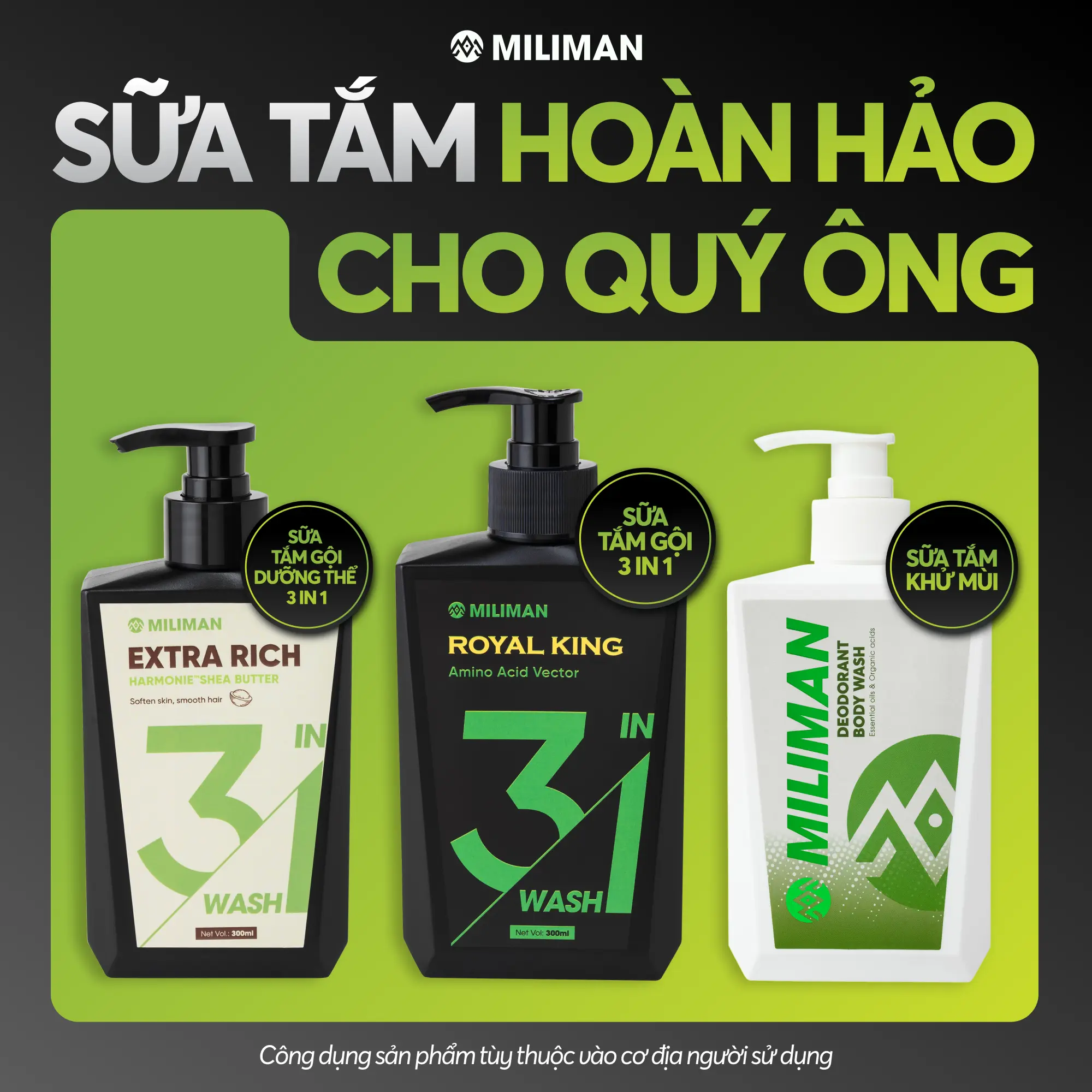 Bộ 3 Sữa Tắm Gội 3 in 1 Nam MILIMAN 300ml - Làm Sạch An Toàn, Lành Tính Từ Thực Vật, Sữa Tắm Nam Thơm Lâu Hương Nước Hoa Nam Tính