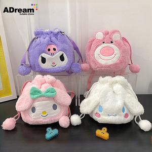 Sanrio Plush Shoulder Bag Kuromi Melody Drawstring Doll Bag Cinnamoroll Mabile Phone Bag Cartoon Drawstring Shoulder Bag Gift For Girls Kids Cosmetic Bag kids  bag