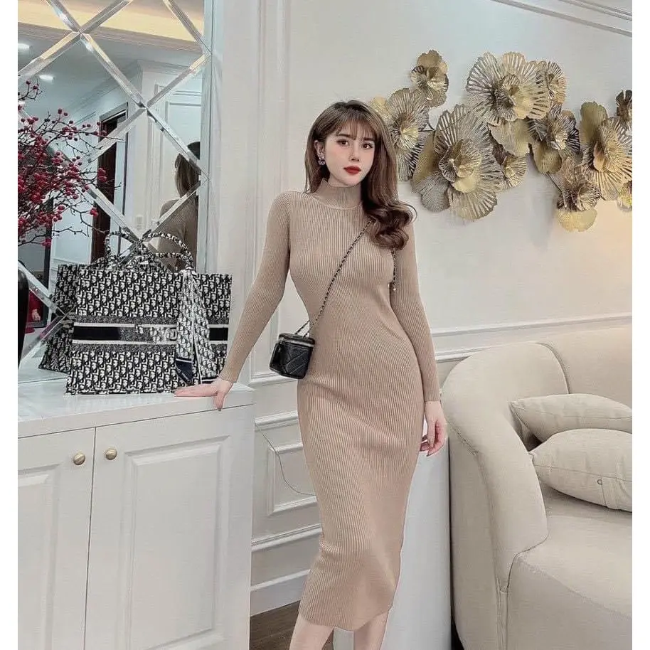Váy len nữ suông vừa cổ ba phân dáng dài - Đầm nữ chất len tăm freesize trơn mặc thu đông