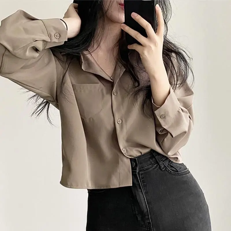 Áo Sơ Mi Có Túi Trơn Ngoại Cỡ Phong Cách Hàn Quốc, Dành Cho Nữ, Thường Ngày Và Dáng Rộng Vừa Vặn, Tay Áo Dài, Nút Phía Trước, Áo Cánh Women Top Trắng Voan