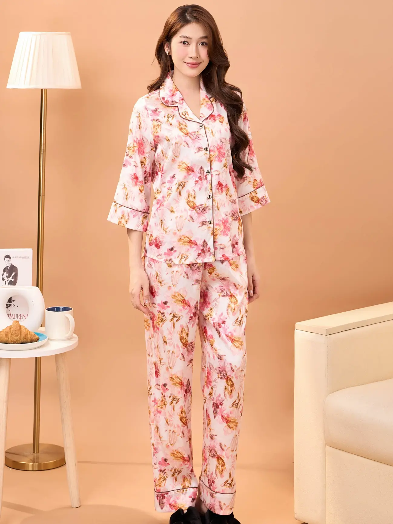 Bộ Pijama Lụa Tay Lỡ Hoa - Cam 4740