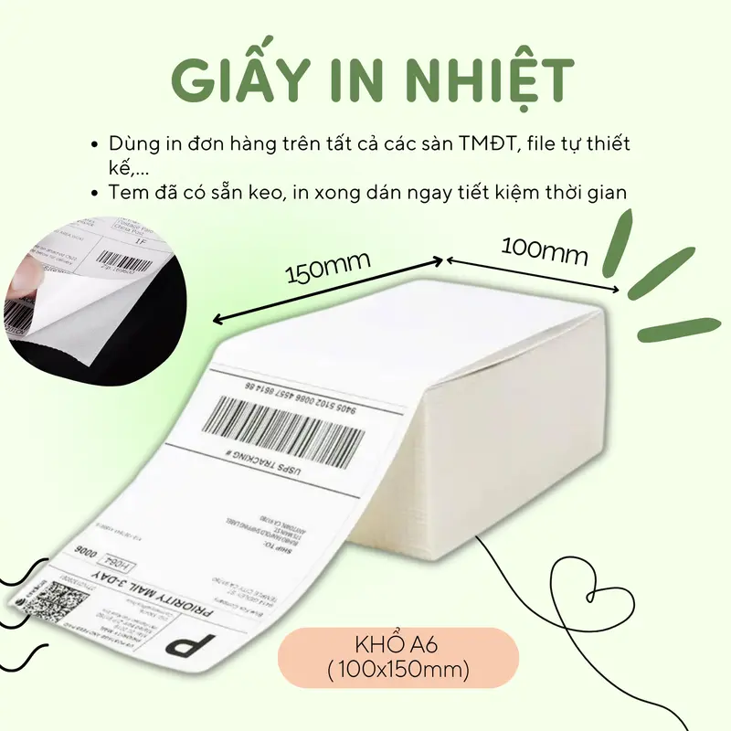 Giấy In Nhiệt khổ A6(100x150mm) 500Tờ/Tệp dùng để in đơn hàng trên sàn TMĐT In Tem Tự Dính Dán Ngay 0