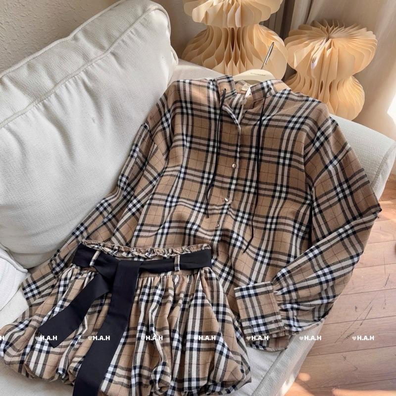 Bộ Set Áo Sơ Mi Kẻ Và Chân Váy Bồng Nữ Women Dress 7