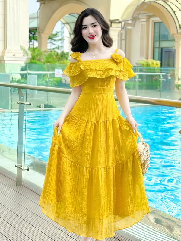 [MIỄN SHIP] MDU4126 Váy Tơ Xốp Nhăn Cao Cấp - Gam Màu Vàng Cùng Chi Tiết Đính Hoa Dịu Dàng Dành Cho Nữ Women Dress 1