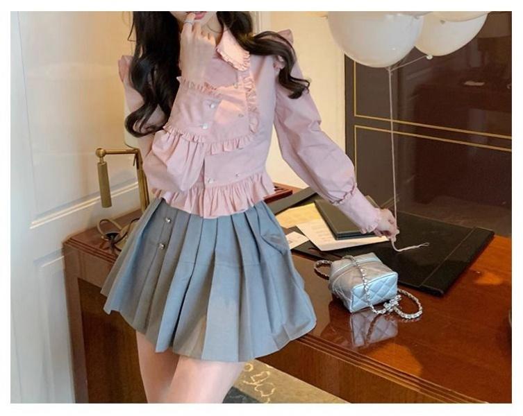 Product Introduction of Áo Sơ Mi Tay Áo, Thiết Kế Mới 2024, Thích Hợp Cho Mùa Xuân Và Mùa Thu, Phong Cách Nhẹ Nhàng Màu Hồng Ngọt Ngào Độc Đáo Cổ Peter Pan Áo Cánh Xếp Ly Dành Cho Nữ 24