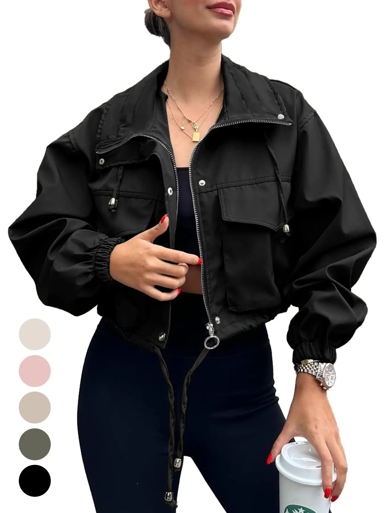 Women's Solid Zip Up Drawstring Hem Jacket, Casual Long Sleeve Collared Outerwear for Spring & Fall, Coat, Ladies Clothes for Daily Wear