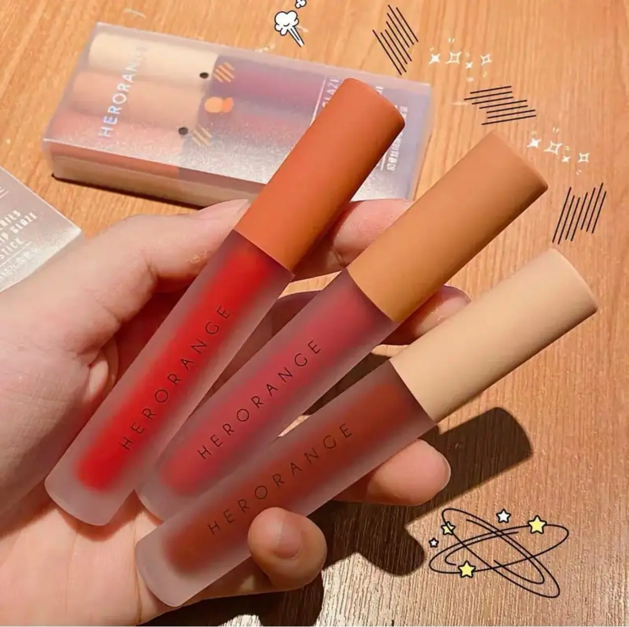 Set 3 cây Son kem Herorange bền màu, mịn môi Nữ Cosmetic Women Trang Điểm Mỹ Phẩm
