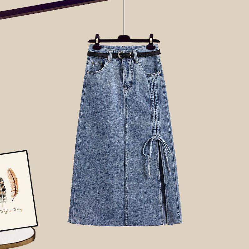 Product Introduction of Spring Suit Women's 2023 New Large Size Women's Clothing Design Sense Niche Waist Trimming Shirt Denim Skirt Two-Piece Set 3