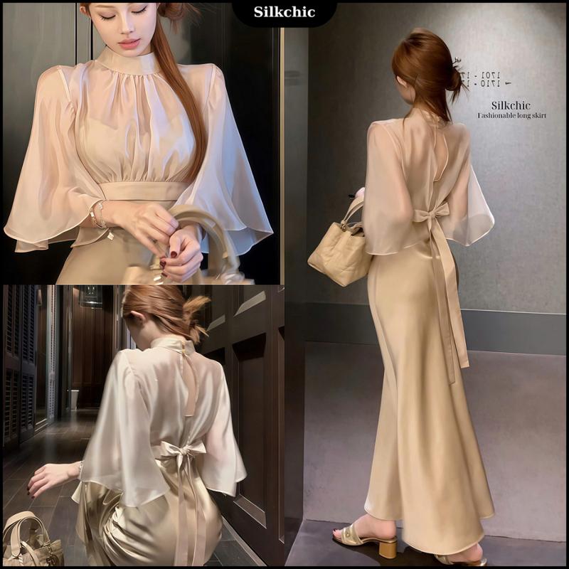 Set Đồ Nữ Áo Choàng Váy Lụa Dáng Dài SC675 Áo Cổ Tròn Tày Cánh Dơi Thắt Nơ Sau Lưng Sang Trọng Women Dress