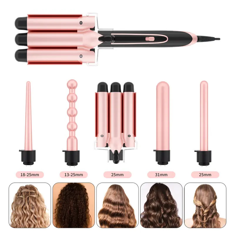 Heikki Vision 5 in 1 Curling Iron Set with Instant Heat Up, Dual Voltage, 4 Interchangeable Ceramic Curling Wands, Curling Brush, Heat Protective Glove & 2 Clips (Curling Iron 0.3-1.5") 3