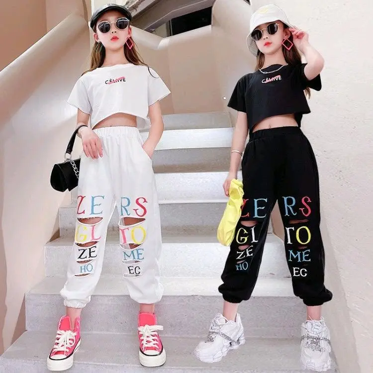 JS26 one set setelan anak perempuan atasan crop celana joger hiphop style / baju anak tanggung 0