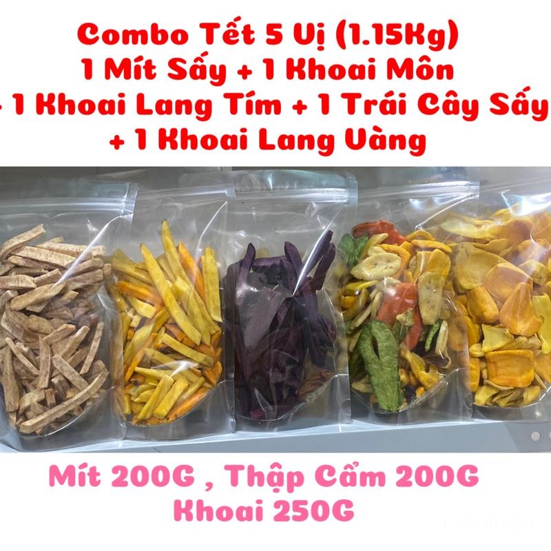COMBO TẾT 5 Vị (1.15Kg) : 1 Mít Sấy B + 1 Khoai Môn A + 1 Khoai Lang Tím A + 1 Khoai Lang Vàng A + 1 Trái Cây Sấy A - Hàng mới thơm giòn ngọt Ăn Vặt