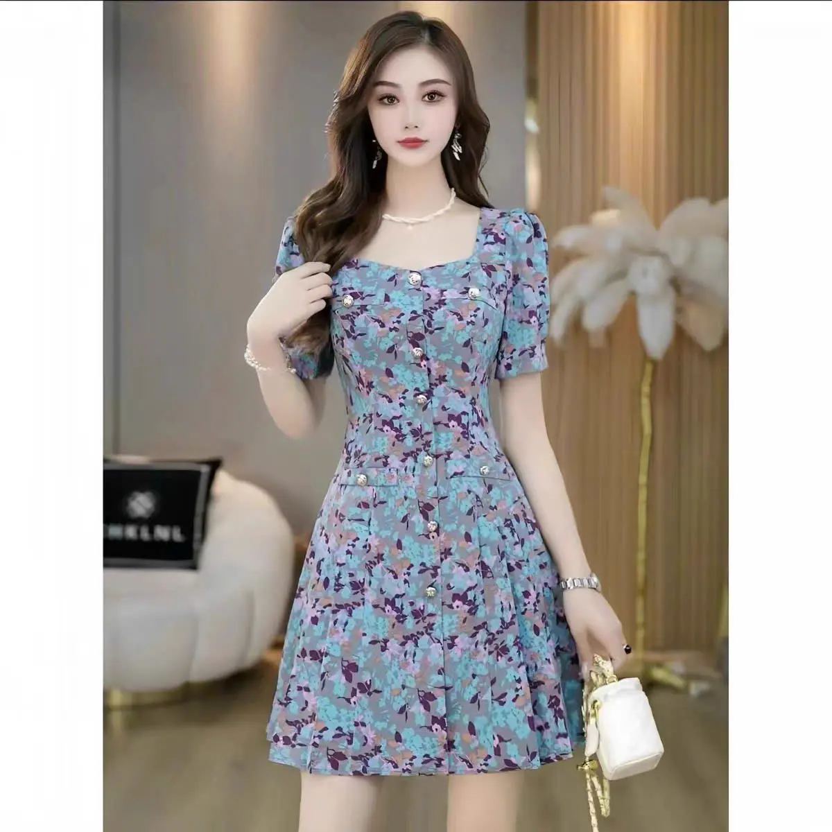 Đầm chữ A xoè phối màu xanh ( lụa mango)-15302