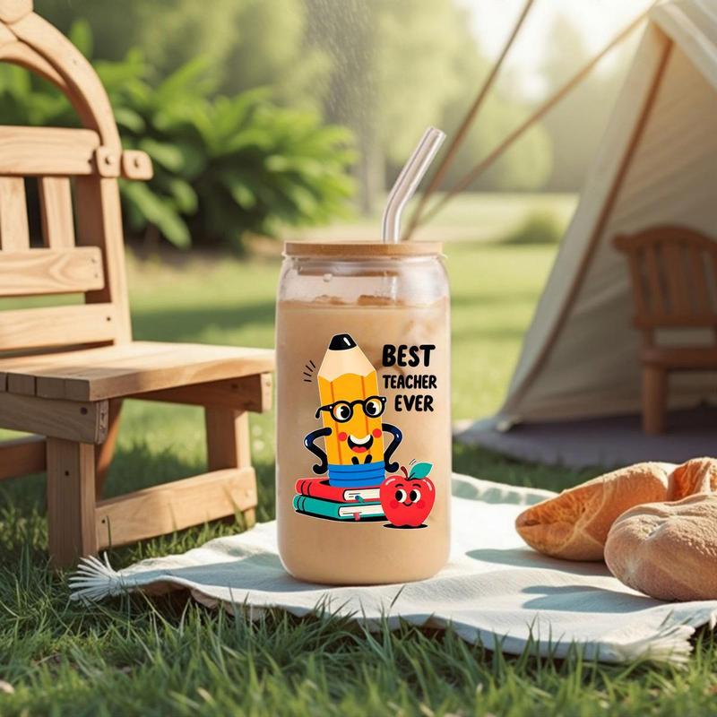 16oz Glass Cup with Straw & Brush, 1 Count Cute Cartoon Pattern Glass Cup, Drinking Cup for Home Office School, Gift for Teacher, Drinkware 5