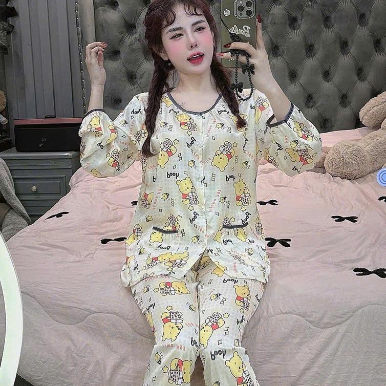 Đồ bộ pijama tay dài lụa latin, cổ tròn nhiều mẫu xinh, dưới 60kg thiết kế mới dễ thương chất liệu mềm mịn mát , đồ bộ nữ Yuri Phương Shop 2