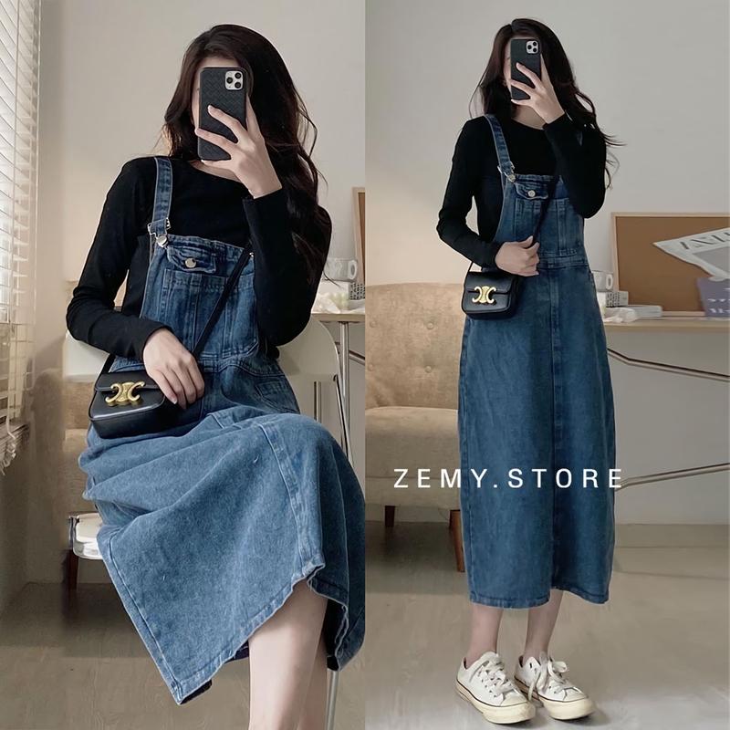 Yếm váy jean dáng dài đầm yếm bò nữ màu xanh siêu xinh đủ size