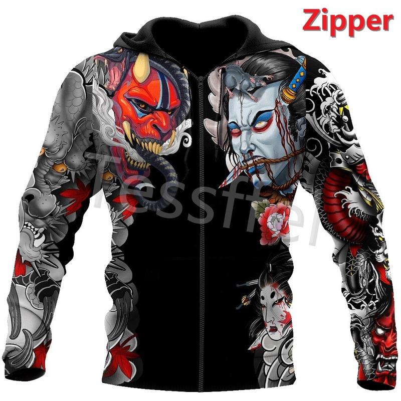 Áo Khoác Nỉ Có Mũ Trùm Đầu, Phong Cách Harajuku Mới, In 3D Hình Xăm Samurai Nhật Bản, Thường Ngày, Unisex, Có Khóa Kéo. 2