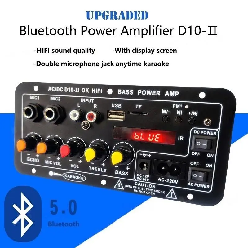 D10 Ⅱ 900W Amplifier Board Tampilan Digital Power Amplifier Board Untuk 8-12 Inci Speaker AC 220V-DC 12V-24V Bluetooth 5.0 Karaoke Audio Bluetooth USB FM Radio Player Subwoofer 3
