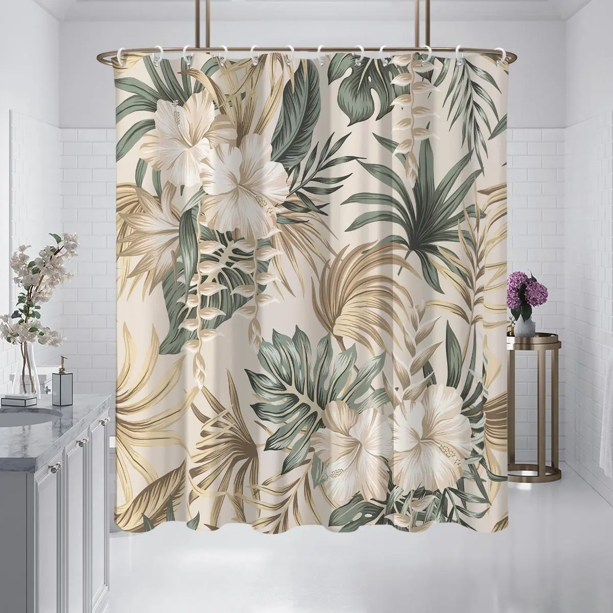 Floral Print Shower Curtain, Waterproof & Mildew-proof Shower Curtain with Hooks, Bathroom Decor Supplies for Home Hotel Salon
