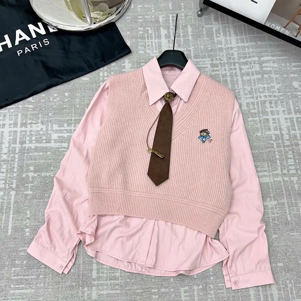 Sét len 3 chi tiết . Gồm áo sơ mi , dile len thêu  và cavat kèm tang xích Nữ Women Top