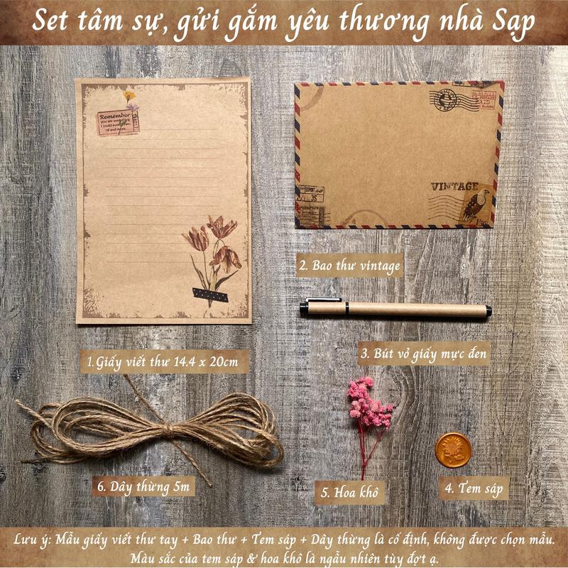 Set giấy viết thư trao gửi yêu thương:  giấy viết thư tay + bì thư + bút vỏ giấy + tem sáp + hoa khô + dây thừng