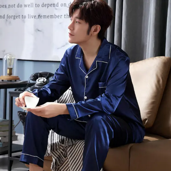 Đồ Ngủ Nam, Bộ Đồ Mùa Xuân Và Mùa Thu, Chất Liệu Lụa Lạnh Dài Tay, Mỏng, Màu Trơn Phong Cách Thường Ngày Dáng Rộng Vừa Vặn, Bộ Đồ Hai Mảnh, Thích Hợp Cho Thanh Thiếu Niên, Bộ Đồ Mặc Nhà