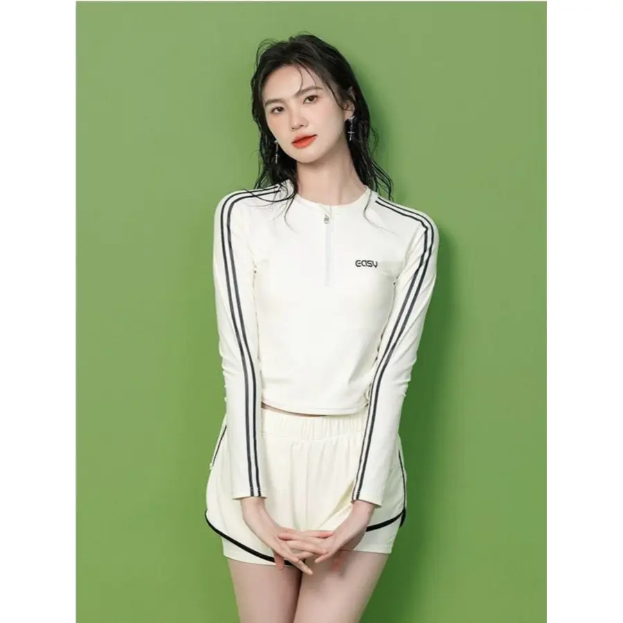 Two Piece Bikini Swimwear Tops + Pants Women's Swimming Suit Long Sleeve Shorts With Lining SWIM