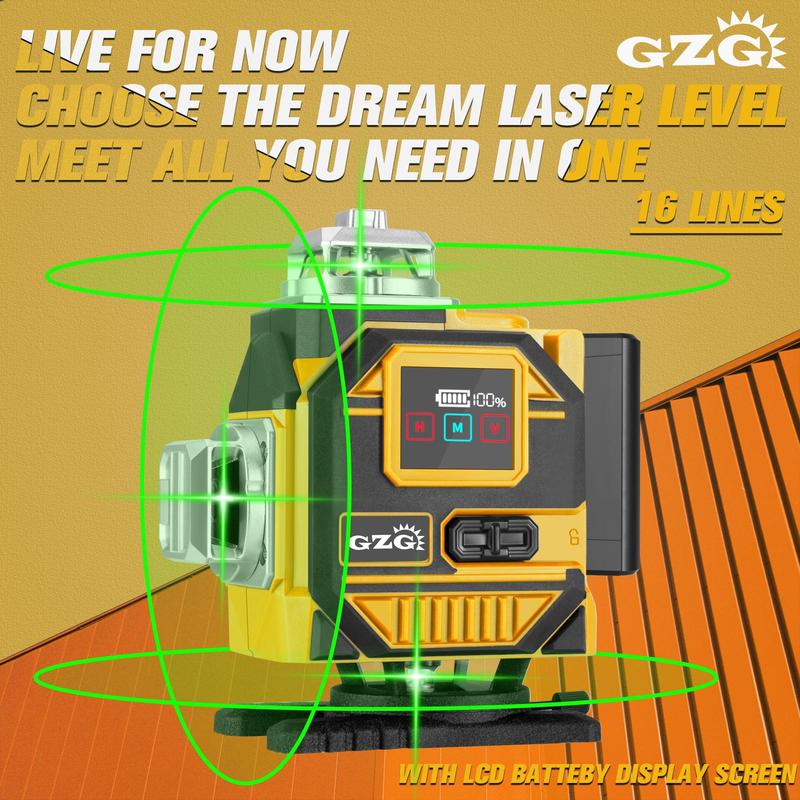 Laser Levels, 4x360 Self Leveling 16 Lines Green Beam 4D Cross Professional Line Laser Tool, LCD Screen, Remote Controller, Lifting Base 8