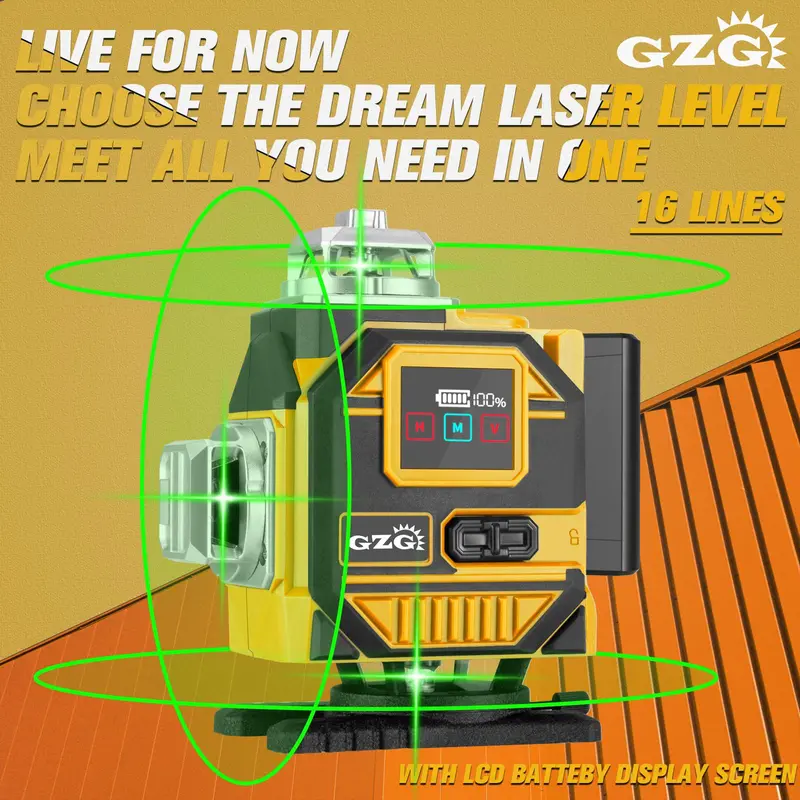 Laser Levels, 4x360 Self Leveling 16 Lines Green Beam 4D Cross Professional Line Laser Tool, LCD Screen, Remote Controller, Lifting Base 8
