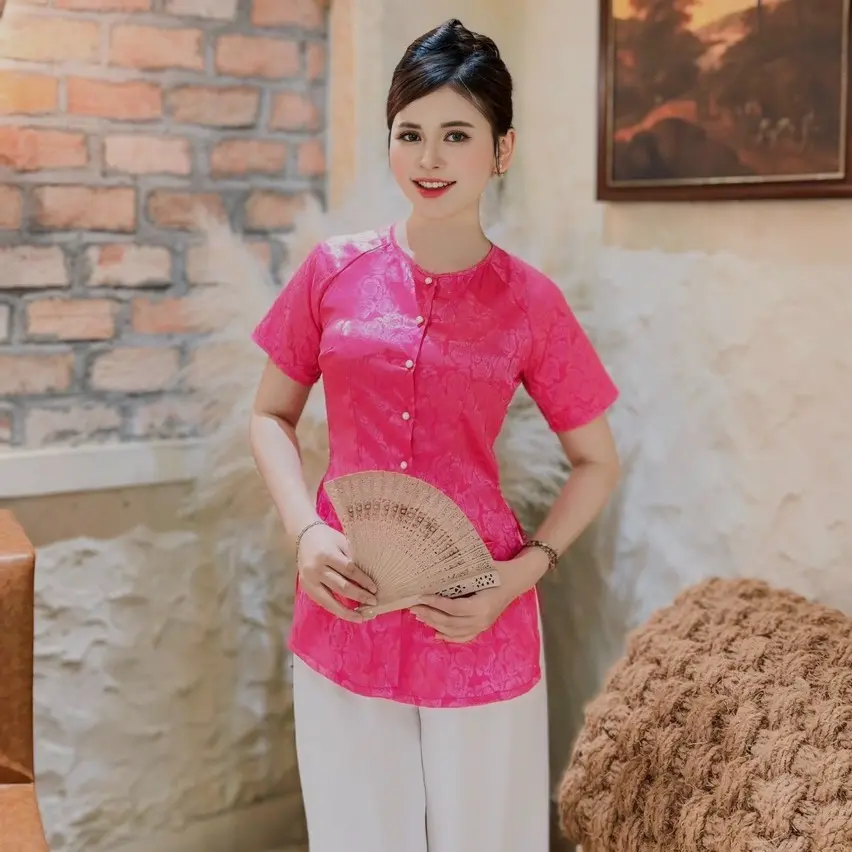B.A86 - Bộ Bà Ba Gấm Hoa Có Túi Tay Ngắn Cài Nút ( QUẦN TRẮNG ) Nữ Women Top Áo