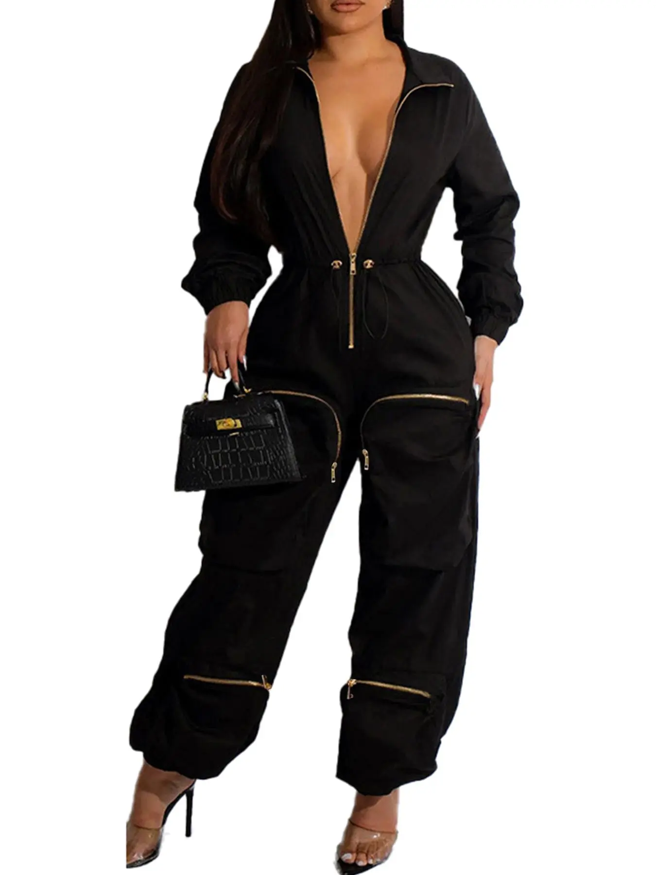 Women's Solid Color Drawstring Waist Zip Up Cargo Jumpsuit, Elegant Casual Long Sleeve Pocket Collared Jumpsuit for Spring & Fall, Women's Clothes for Daily Wear, Jumpsuits for Women, Overalls
