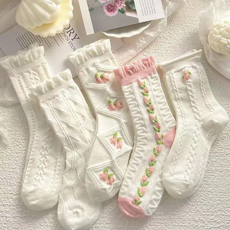 Tất JK, Màu Trắng Hồng, Ống Giữa Nữ, Xu Hướng Ins, Phong Cách Nhật Bản, Màu Phấn Sương, Thích Hợp Cho Bé Gái, Mỏng Và Mùa Xuân / Mùa Hè, Giá Trị Cao, Có Ren