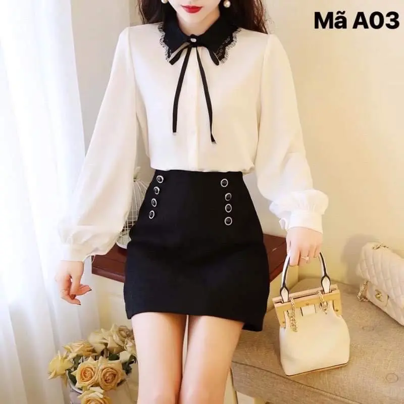 Áo sơ mi trắng tay dài phối nơ đơn cổ bèo nhúm phong cách Hàn Quốc Top Nữ